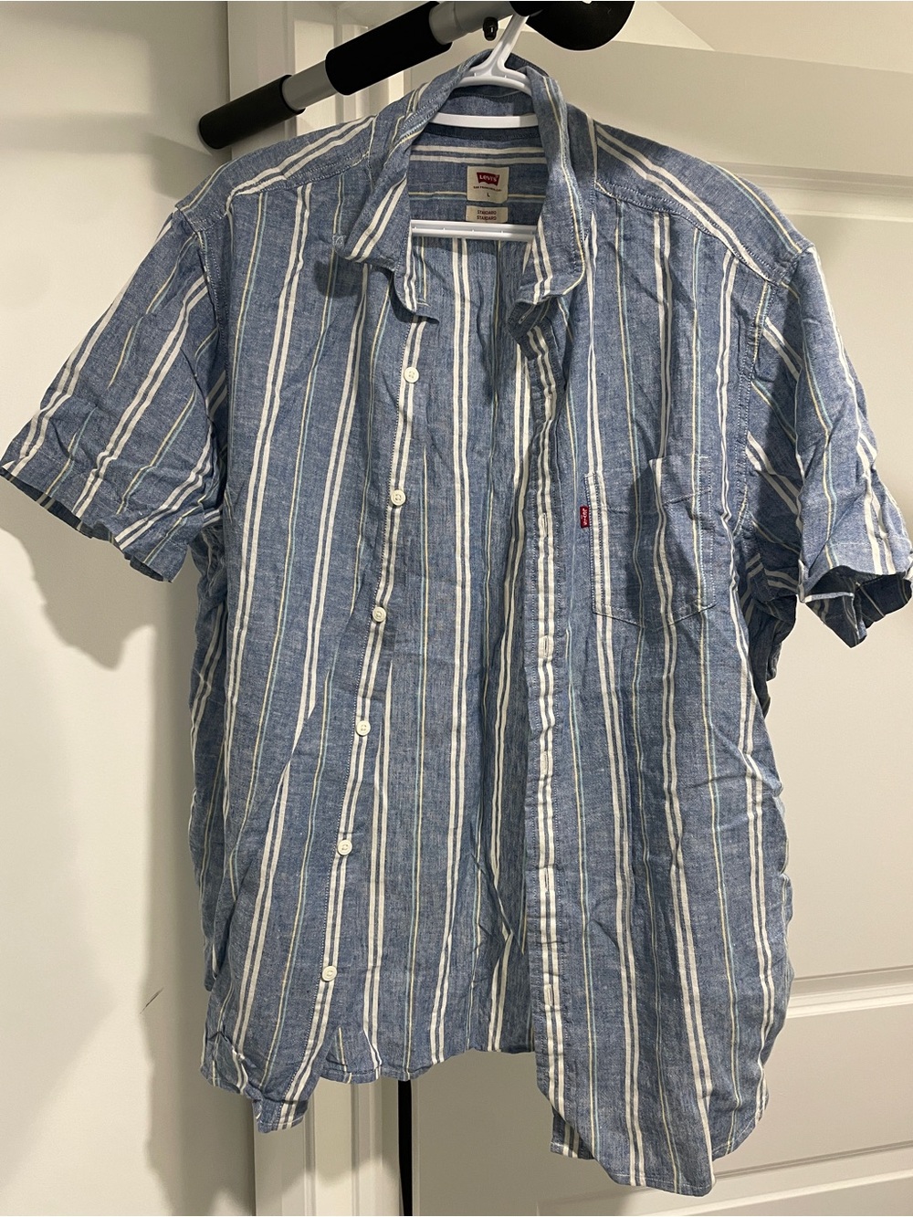 Levi's Blue and White Vertical Stripe Short-Sleeve Button-Down Shirt